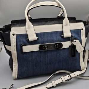 Coach Swagger 27 Denim Satchel F37731 Chalk Black Leather Crossbody 2018
